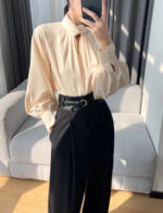 Elegant Twist-Neck Satin Blouse for Women – Long Sleeve Formal Top - Image 11