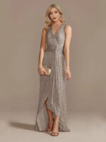 Gold Sequin Sleeveless Maxi Dress for Women | V-Neck Ruched Evening Gown with Slit - Image 13