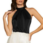 Luxury Satin Halter Neck Blouse for Women – Elegant Sleeveless High-Neck Top in Red, Teal & Black - Image 5