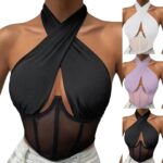 Elegant Halter Neck Mesh Corset Top for Women | Sheer Panel Wrap Neck Crop Top | Clubwear & Night Out Fashion - Image 7
