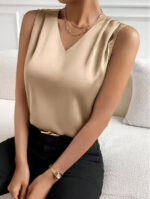 Red Sleeveless V-Neck Blouse for Women – Elegant Satin-Feel Tank Top | Chic Everyday & Workwear Essential - Image 10