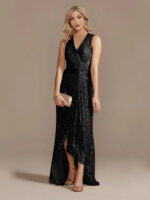 Gold Sequin Sleeveless Maxi Dress for Women | V-Neck Ruched Evening Gown with Slit - Image 14