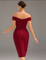 Elegant Burgundy Off-Shoulder Bodycon Midi Dress for Women – Cross Neck Formal Cocktail Party Dress - Image 6