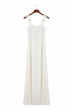 Modern Pleated Maxi Dress with Floral Strap Detail – Elegant Flowing Summer Dress – Backless A-Line Vacation Dress - Image 3