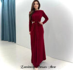 Elegant Burgundy Long Sleeve Ruched Maxi Dress – High Waist Formal Evening Gown for Women - Image 3