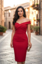 Elegant Burgundy Off-Shoulder Bodycon Midi Dress for Women – Cross Neck Formal Cocktail Party Dress - Image 8