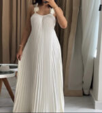 Modern Pleated Maxi Dress with Floral Strap Detail – Elegant Flowing Summer Dress – Backless A-Line Vacation Dress - Image 2