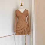 Luxury Nude Ruched Long Sleeve Mini Dress with V-Neck & Draped Detail | subailili - Image 5