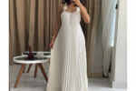 Modern Pleated Maxi Dress with Floral Strap Detail – Elegant Flowing Summer Dress – Backless A-Line Vacation Dress
