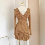 Luxury Nude Ruched Long Sleeve Mini Dress with V-Neck & Draped Detail | subailili - Image 2