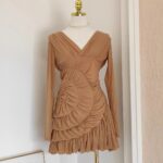 Luxury Nude Ruched Long Sleeve Mini Dress with V-Neck & Draped Detail | subailili