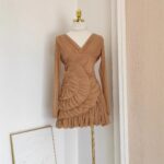 Luxury Nude Ruched Long Sleeve Mini Dress with V-Neck & Draped Detail | subailili - Image 3