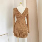 Luxury Nude Ruched Long Sleeve Mini Dress with V-Neck & Draped Detail | subailili - Image 4