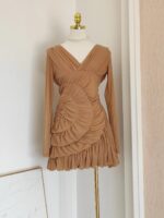 Luxury Nude Ruched Long Sleeve Mini Dress with V-Neck & Draped Detail | subailili - Image 6