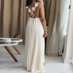 Modern Pleated Maxi Dress with Floral Strap Detail – Elegant Flowing Summer Dress – Backless A-Line Vacation Dress - Image 5