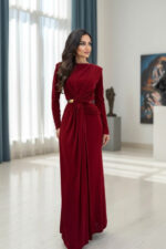 Elegant Burgundy Long Sleeve Ruched Maxi Dress – High Waist Formal Evening Gown for Women - Image 2
