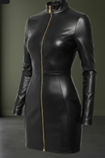 Black Faux Leather Zip-Front Bodycon Dress with High Neck & Long Sleeves