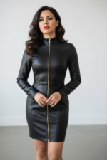 Black Faux Leather Zip-Front Bodycon Dress with High Neck & Long Sleeves - Image 7