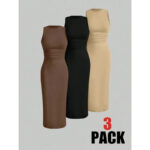 subailili | Sculpted Suede Midi Dress – High Neck Bodycon Waist Cinch Elegant Minimalist Dress (3 Color Set Available, In packs) - Image 2