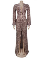 Luxury Leopard Print Cut-Out Maxi Dress – Deep V Long Sleeve Bodycon Gown - Image 3