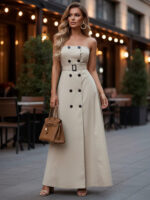 Elegant Strapless Trench-Style Maxi Dress – Beige Belted Luxury Statement Dress for Women - Image 2