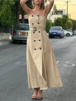 Elegant Strapless Trench-Style Maxi Dress – Beige Belted Luxury Statement Dress for Women - Image 8