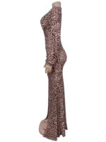 Luxury Leopard Print Cut-Out Maxi Dress – Deep V Long Sleeve Bodycon Gown - Image 4