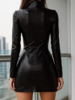 Black Faux Leather Zip-Front Bodycon Dress with High Neck & Long Sleeves - Image 4