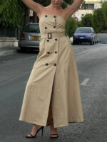 Elegant Strapless Trench-Style Maxi Dress – Beige Belted Luxury Statement Dress for Women - Image 4