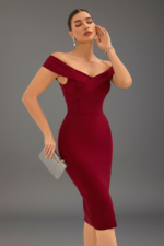 Elegant Burgundy Off-Shoulder Bodycon Midi Dress for Women – Cross Neck Formal Cocktail Party Dress - Image 5
