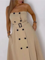 Elegant Strapless Trench-Style Maxi Dress – Beige Belted Luxury Statement Dress for Women - Image 9