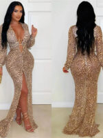 Luxury Leopard Print Cut-Out Maxi Dress – Deep V Long Sleeve Bodycon Gown - Image 2