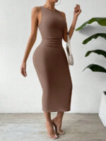 subailili | Sculpted Suede Midi Dress – High Neck Bodycon Waist Cinch Elegant Minimalist Dress (3 Color Set Available, In packs) - Image 9