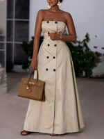 Elegant Strapless Trench-Style Maxi Dress – Beige Belted Luxury Statement Dress for Women - Image 10