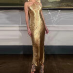Luxury Draped Halter Maxi Dress – Shimmer Evening Gown for Elegant Women | subailili