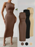 subailili | Sculpted Suede Midi Dress – High Neck Bodycon Waist Cinch Elegant Minimalist Dress (3 Color Set Available, In packs) - Image 7